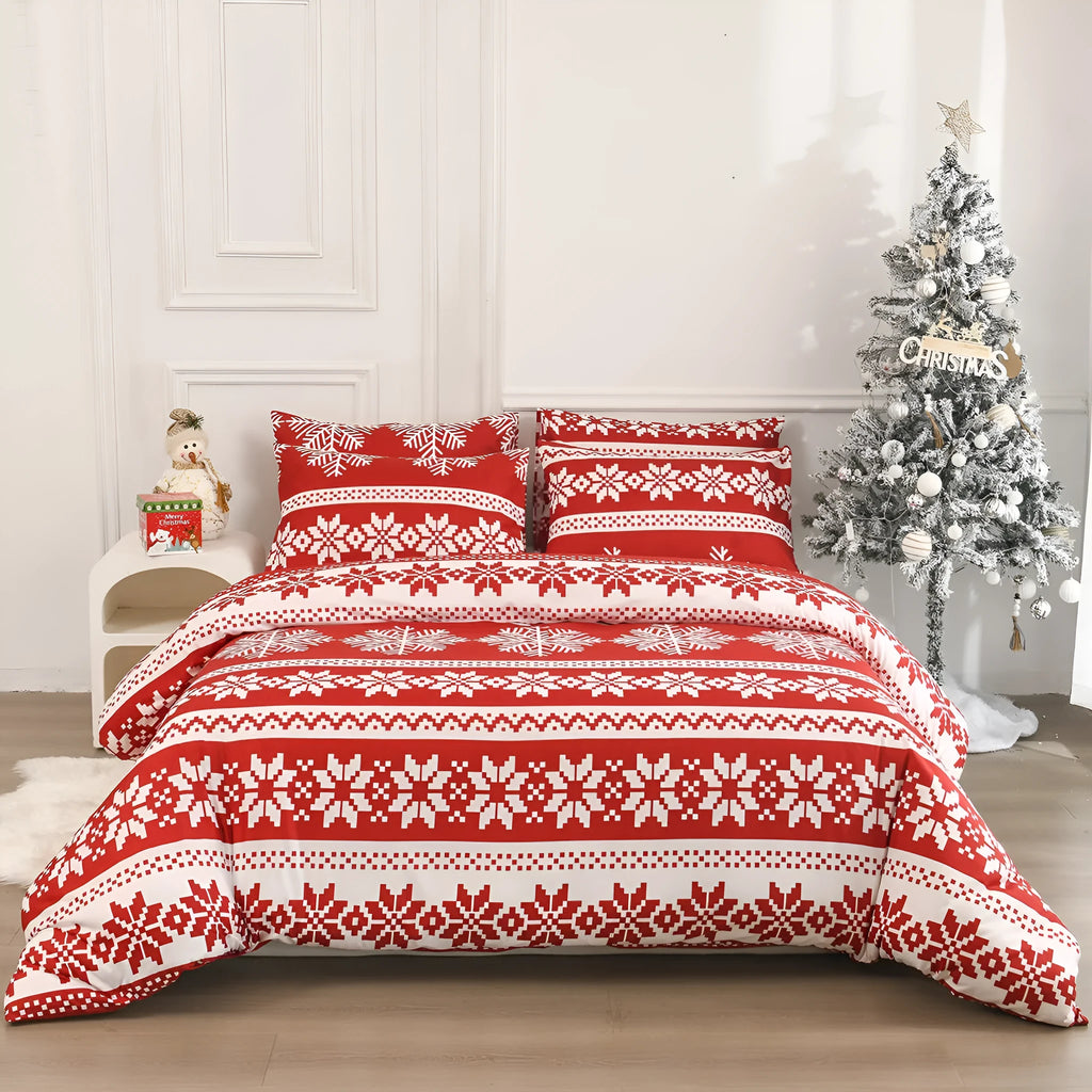 Red Christmas Love Song pattern bedding three-piece set with quilt cover and matching pillowcases