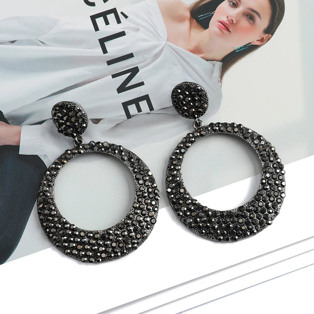 Women's alloy round pendant earrings with colourful diamond detailing in European American fashion cartoon style