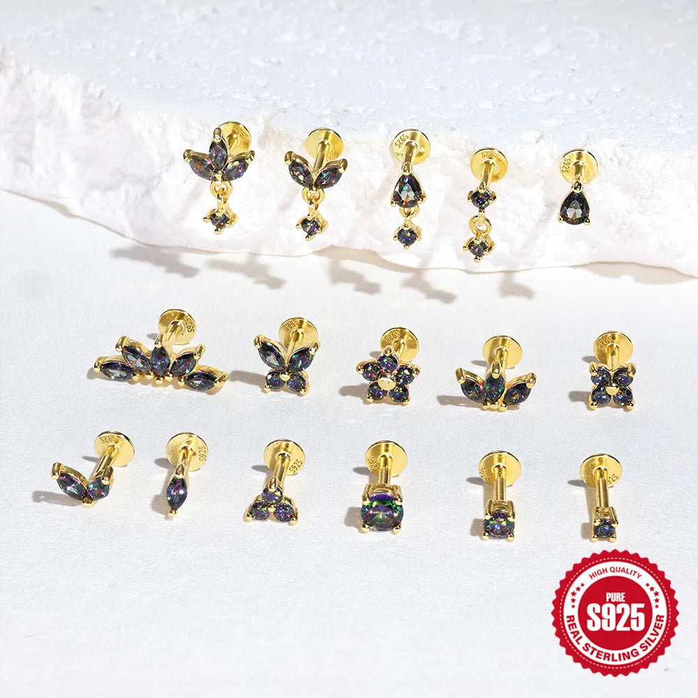 S925 sterling silver flat head stud earrings with shiny rainbow stone finish, showing thread piercing post.