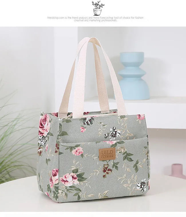 Women's printed canvas bag with aluminium frame in floral pattern and colour variations
