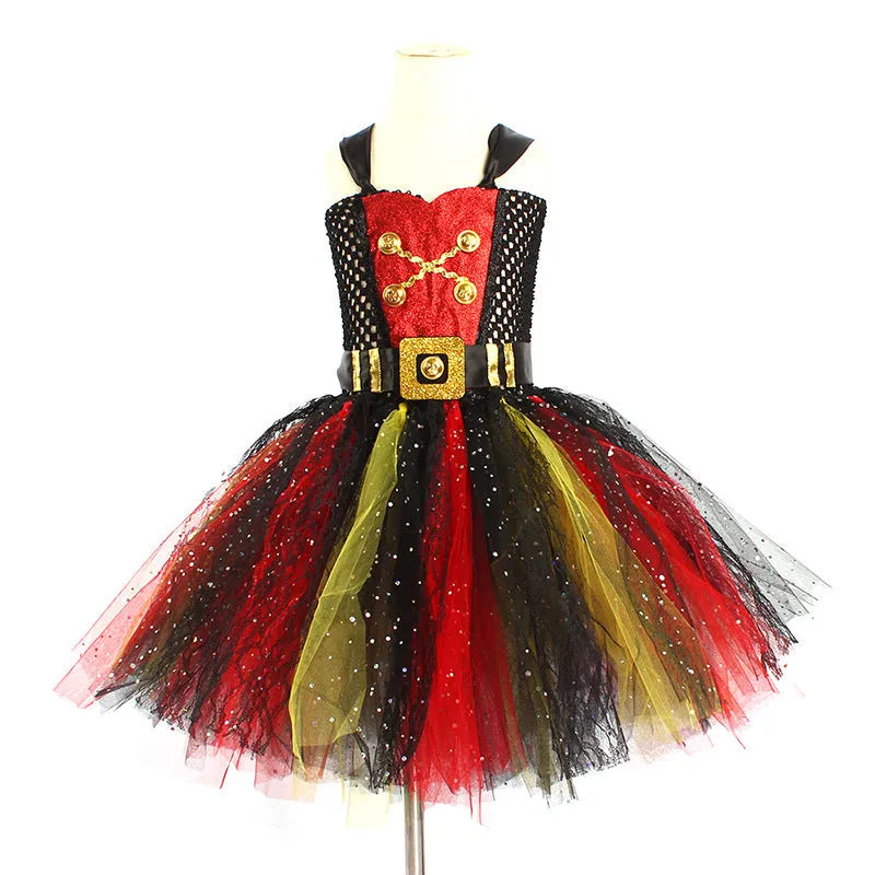 Girls sleeveless pirate costume dress with black sequin and lace detailing for Halloween.