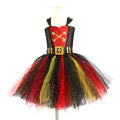 Girls sleeveless pirate costume dress with black sequin and lace detailing for Halloween.