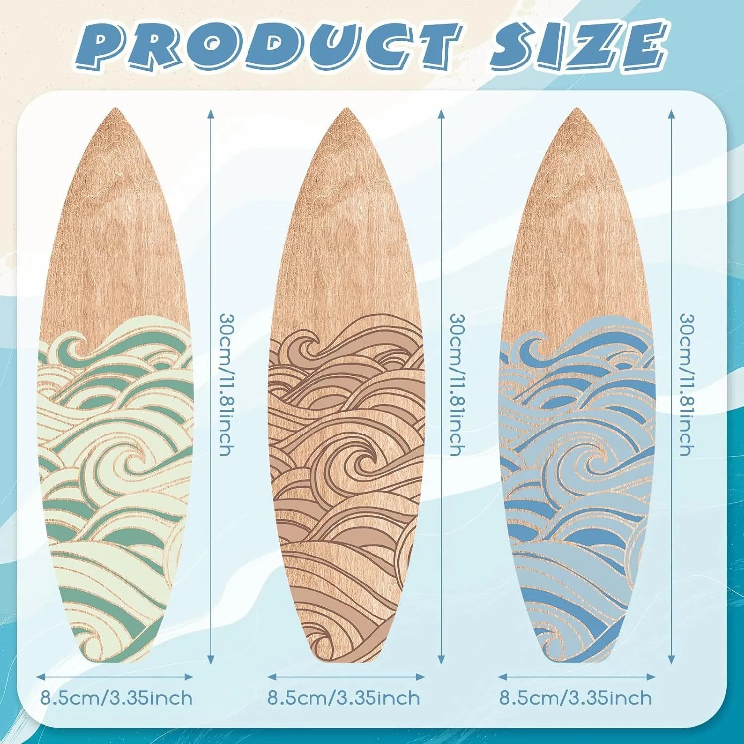 Three identical wooden surfboard-shaped wall decorations made from boxwood on a plain background.