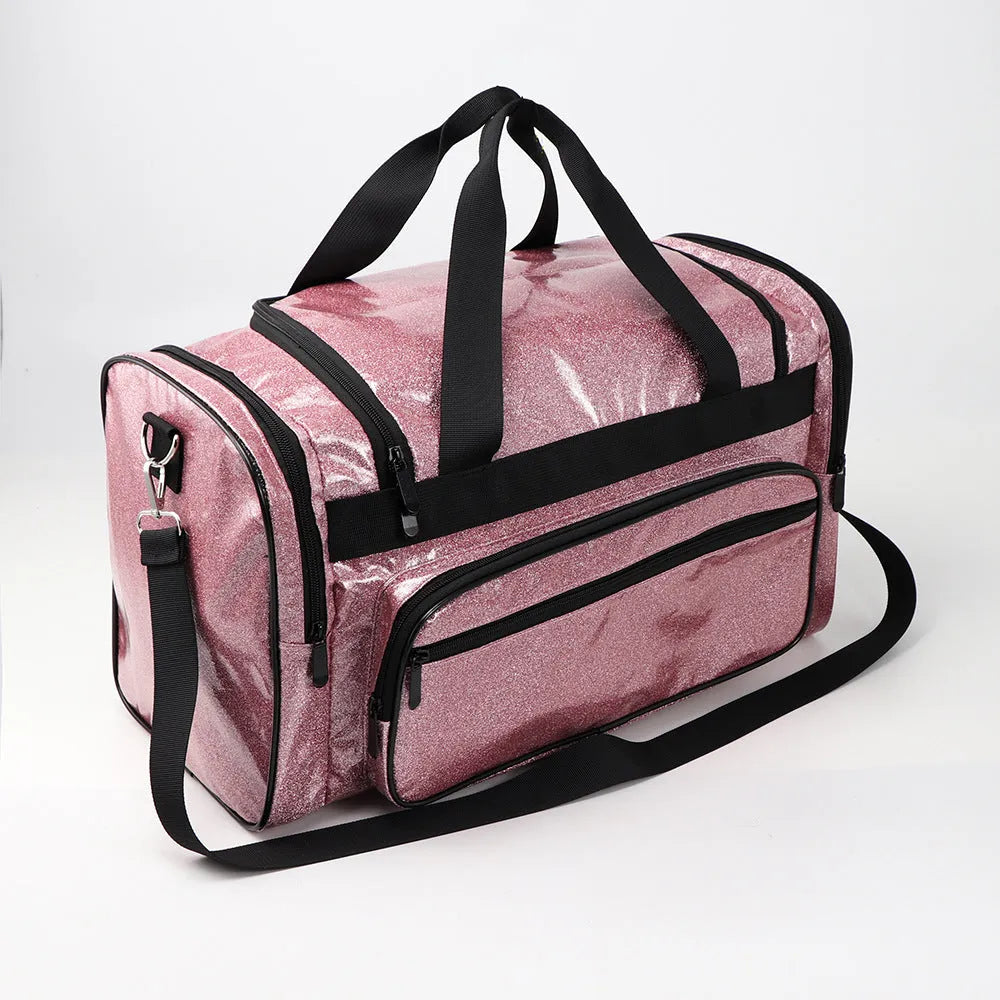 Large silver PU leather yoga sports handbag with letter design and multiple compartments