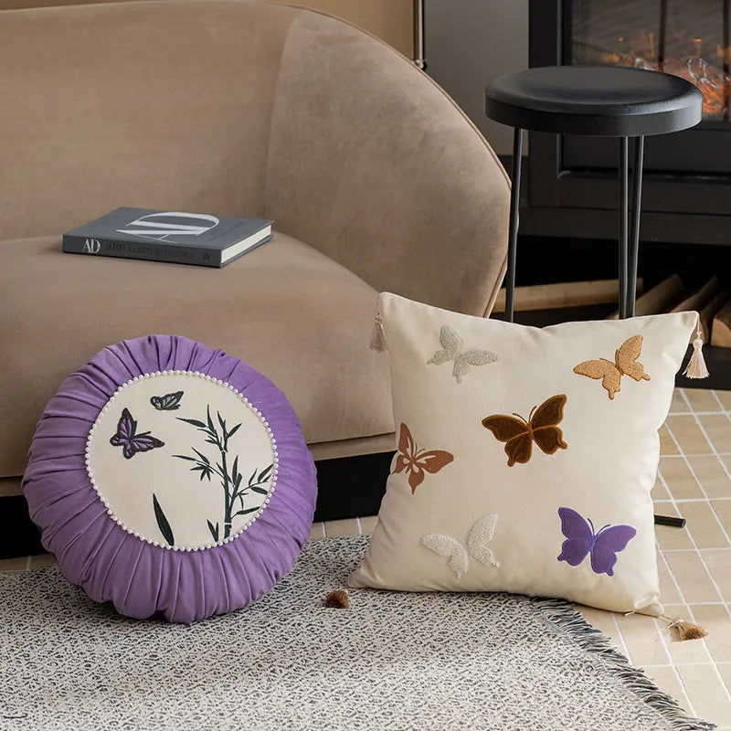 Square couch pillow with butterfly embroidery in Chinese style pattern, 45cm dimensions in beige, black, or purple