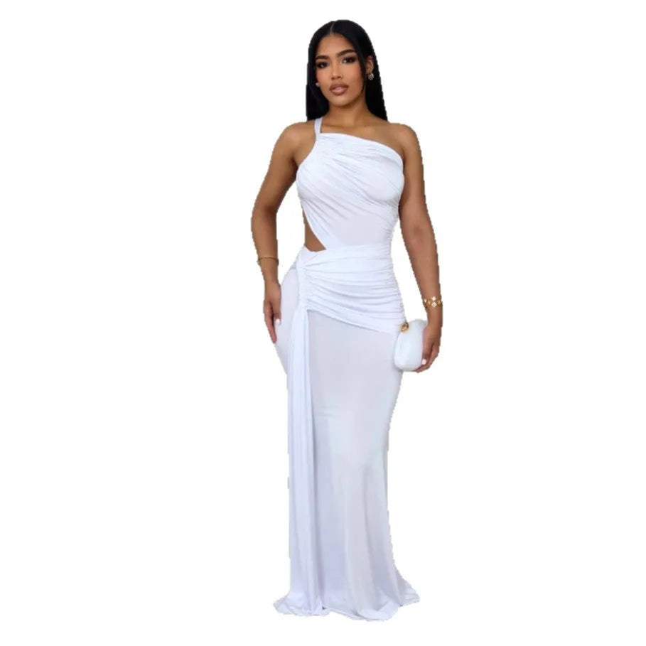 Women's one shoulder pleated dress in milk silk polyester fabric, solid colour options with long skirt length