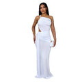 Women's one shoulder pleated dress in milk silk polyester fabric, solid colour options with long skirt length