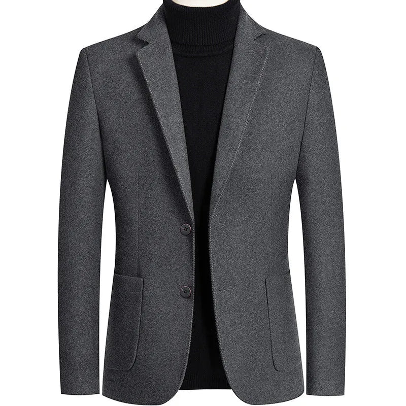 Men's slim fit wool suit jacket in grey, shown on a hanger, suitable for autumn and winter.