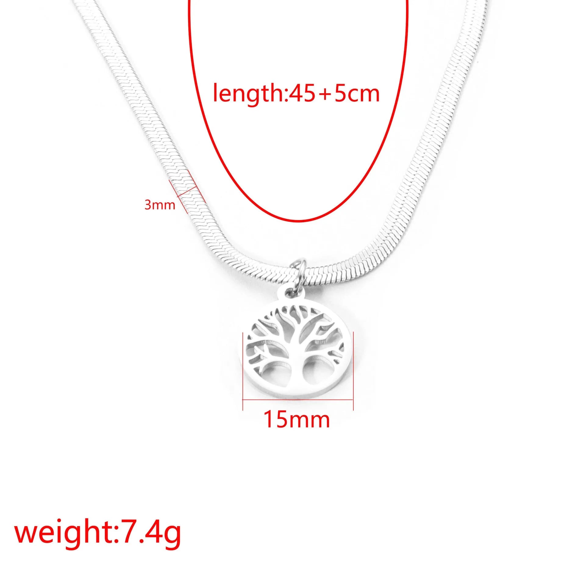 Stainless steel tree pendant necklace on a textured snake bone chain, shown in gold colour.