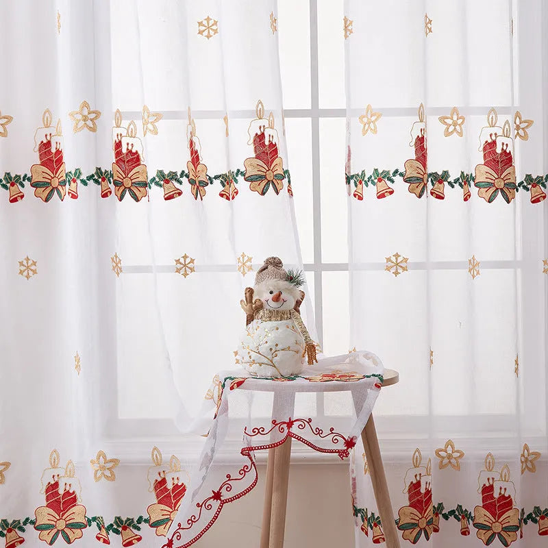 American Christmas curtain with white snowflake embroidery on red polyester fabric
