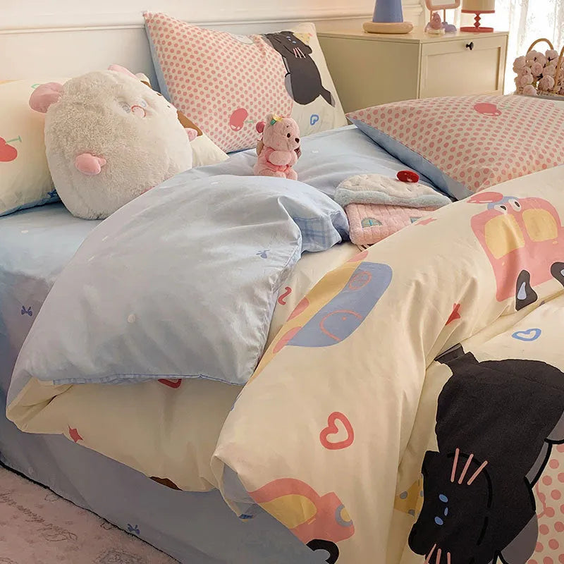 Cartoon dog pattern cotton bedding set with quilt cover, fitted sheet, and pillowcases for dormitory beds