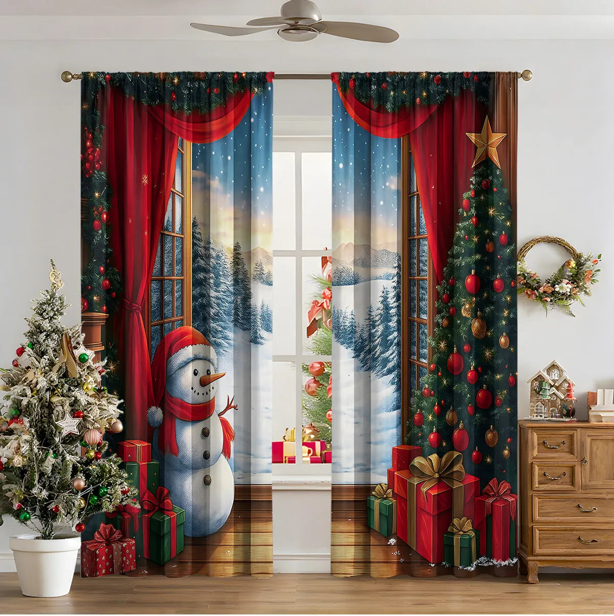 Set of two red and green 3D digitally printed Christmas theme curtains hanging on a window.