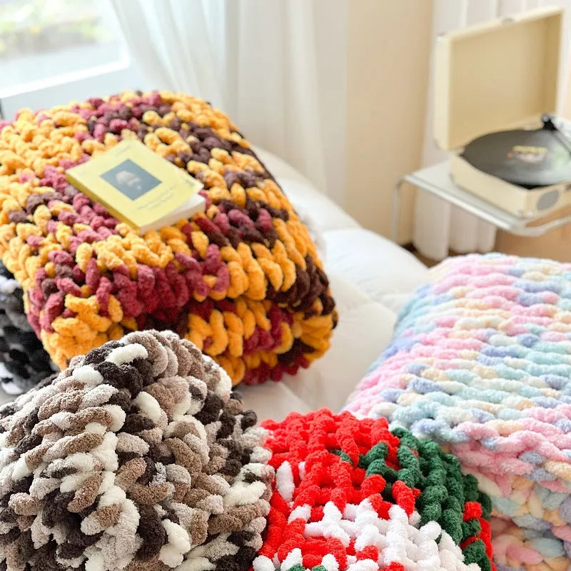 Handmade striped chenille cover blanket in caramel mango colour, size 130x170cm