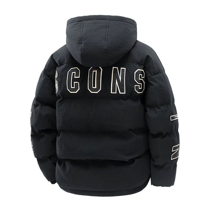 Men's black padded hooded coat with white letter print, side pockets, Korean style cardigan design