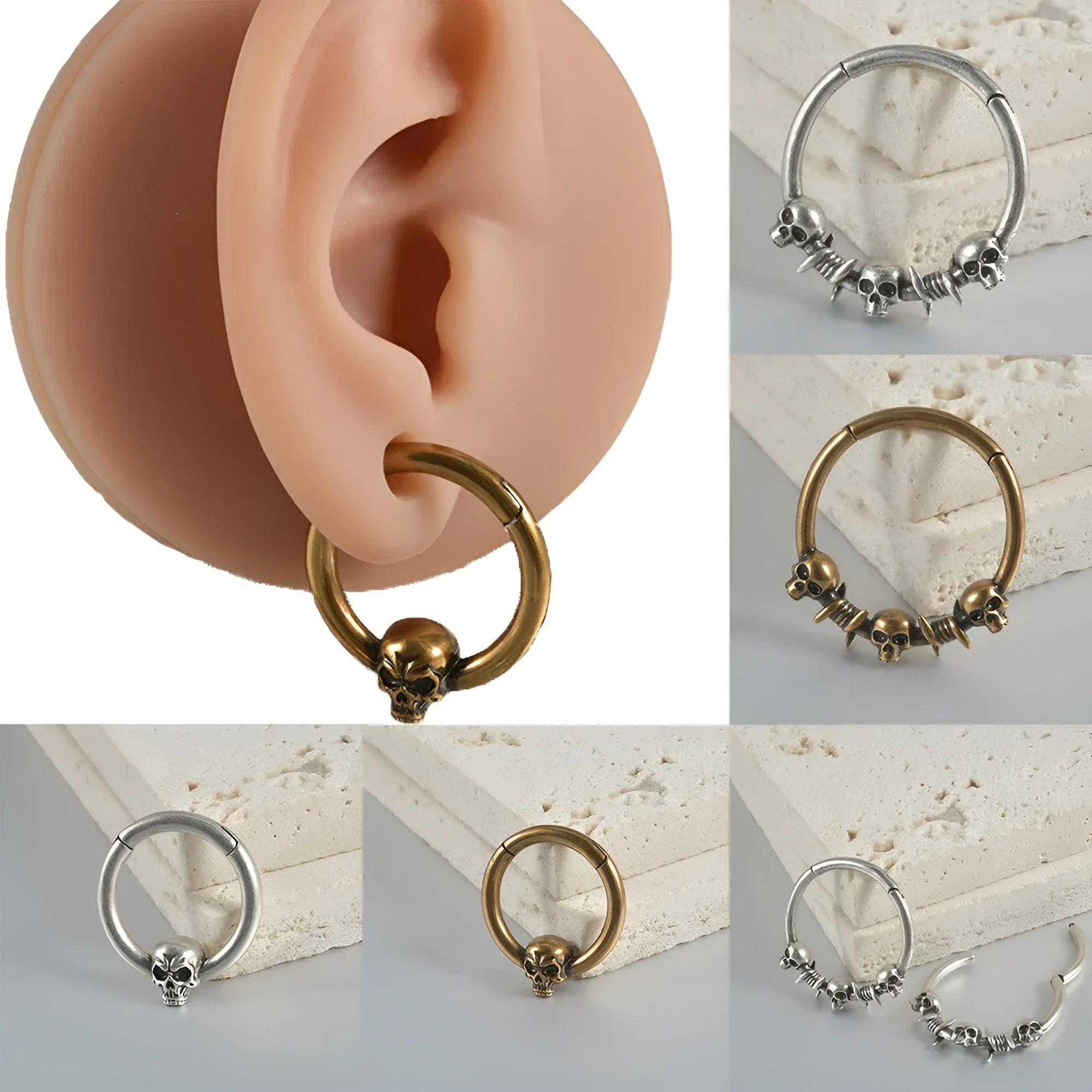 Vintage copper punk earrings with ghost head motifs in antique silver or gold finish