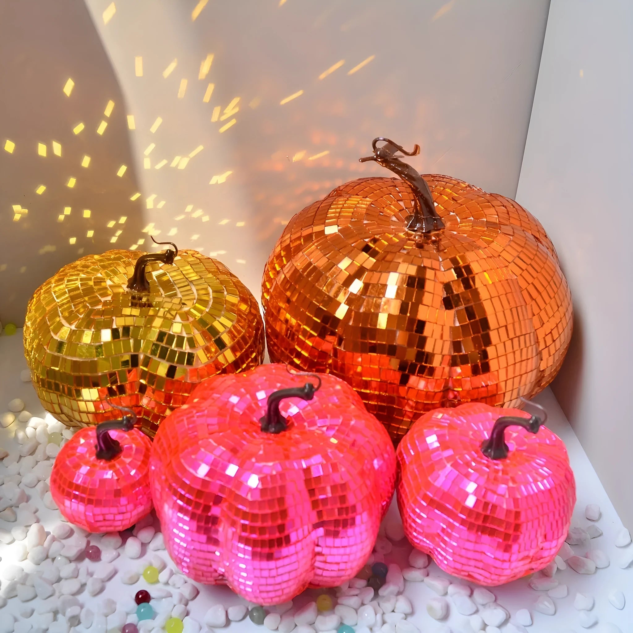 Glass pumpkin mirror decoration with bionic design in Chinese style, shown in multiple sizes