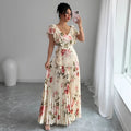 Apricot floral print dress with V-neck, ruffled short sleeves and oversized swing skirt