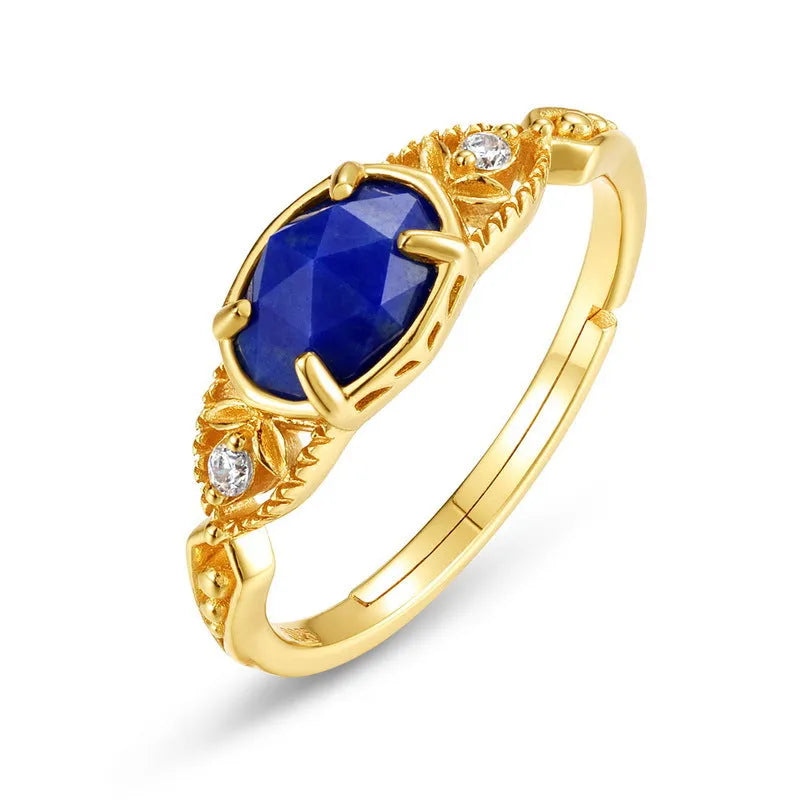 Geometric ellipse lapis lazuli ring in silver alloy with Japanese style design on model hand