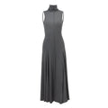 Grey slim-fit women's dress with half turtleneck collar, backless design, and high-waist silhouette