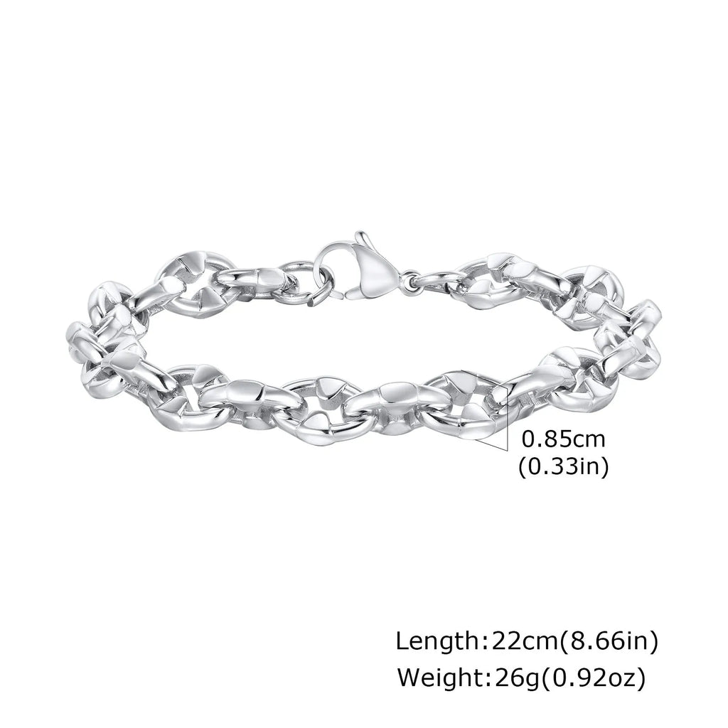A thick geometric chain bracelet made of stainless steel, shown in a steel colour finish.
