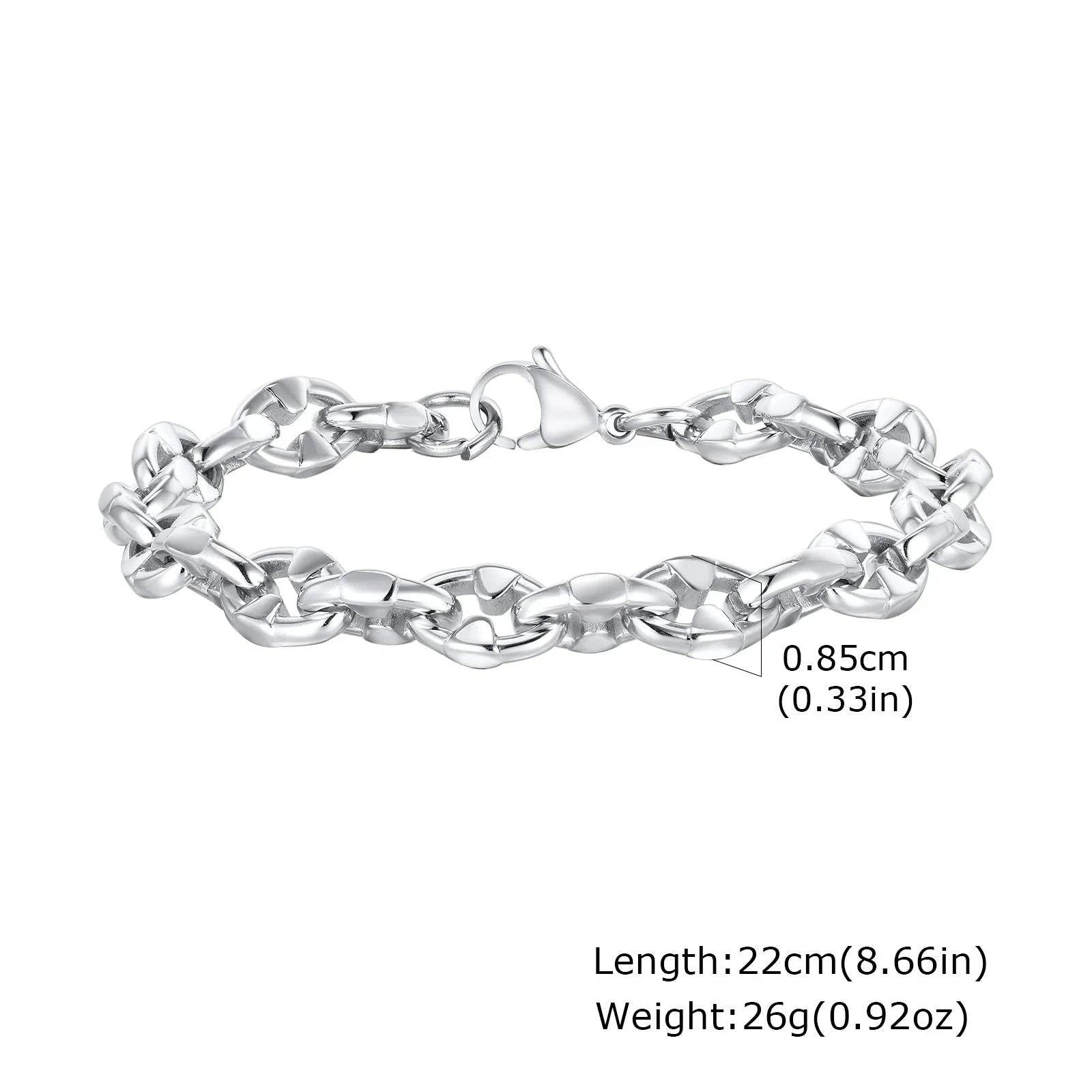 A thick geometric chain bracelet made of stainless steel, shown in a steel colour finish.