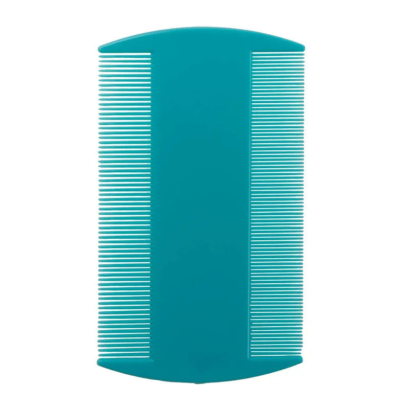 Double-edged fine-toothed plastic flea and lice comb in assorted colours on a white background.