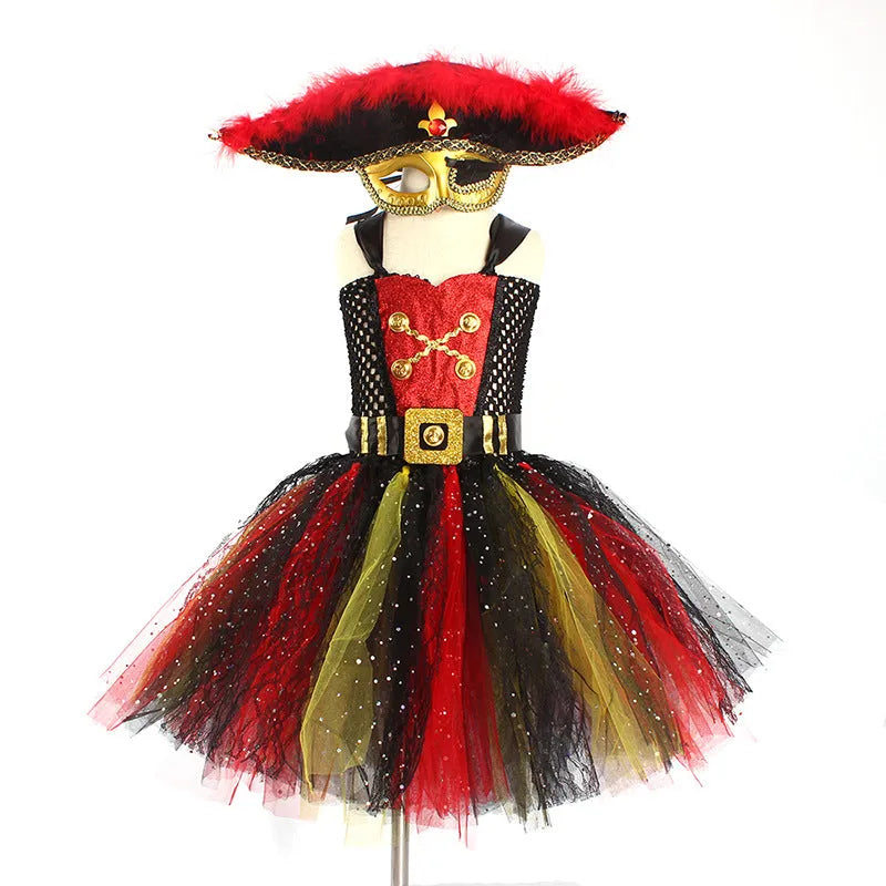 Girls sleeveless pirate costume dress with black sequin and lace detailing for Halloween.