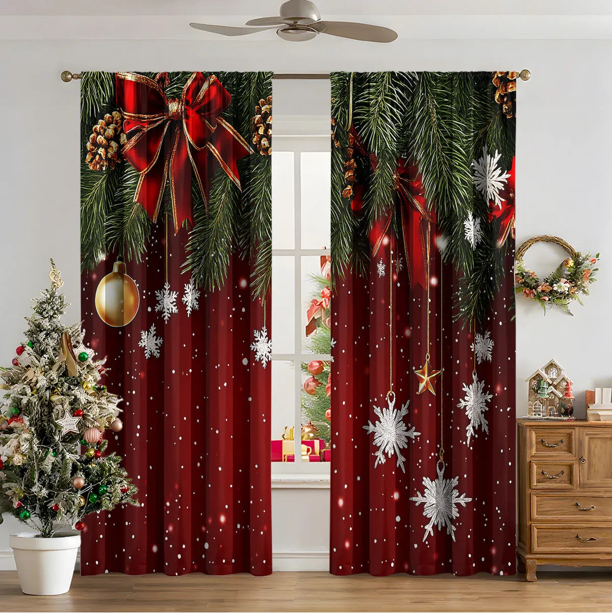 Set of two red and green 3D digitally printed Christmas theme curtains hanging on a window.