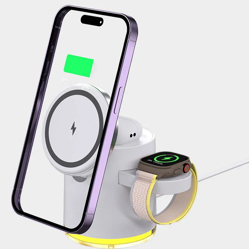 C16 ivory white and black magnetic folding wireless charger for phone, watch, and earphones.