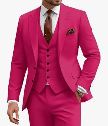 Men's slim-fit three-piece suit in chemical fibre blend fabric available in multiple colours