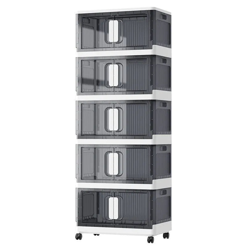Foldable PP plastic storage locker with wheels available in white or gray with multiple layer options for shoes and toys