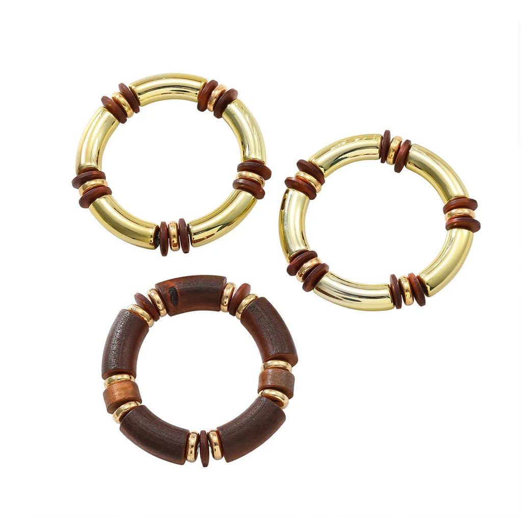 European exaggerated style multi-layer wooden necklace and bracelet jewellery set for women with alloy pendant