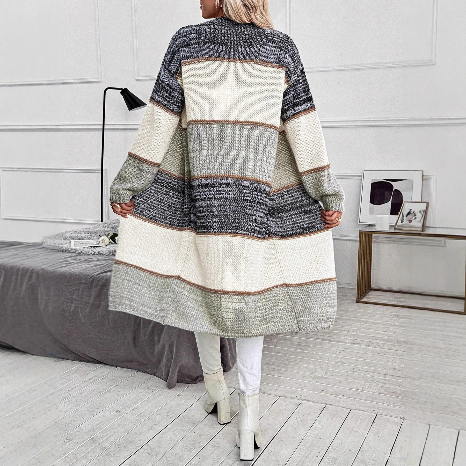 Women's gray knitted long cardigan with striped plaid pattern and loose fit street fashion style