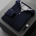 Men's dark blue cashmere cardigan sweater with half-high collar and front zipper