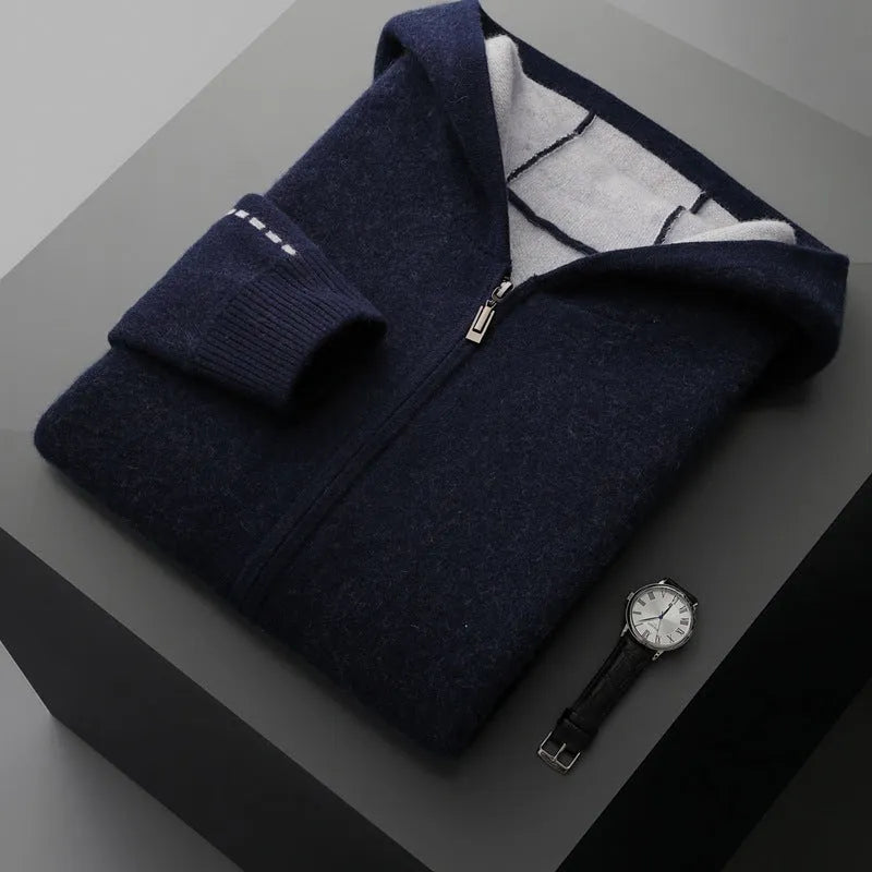 Men's dark blue cashmere cardigan sweater with half-high collar and front zipper
