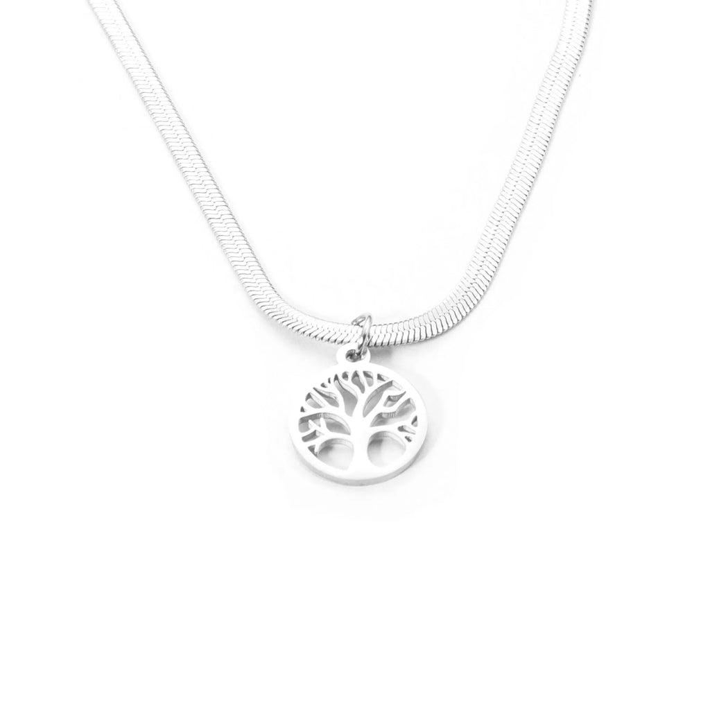 Stainless steel tree pendant necklace on a textured snake bone chain, shown in gold colour.
