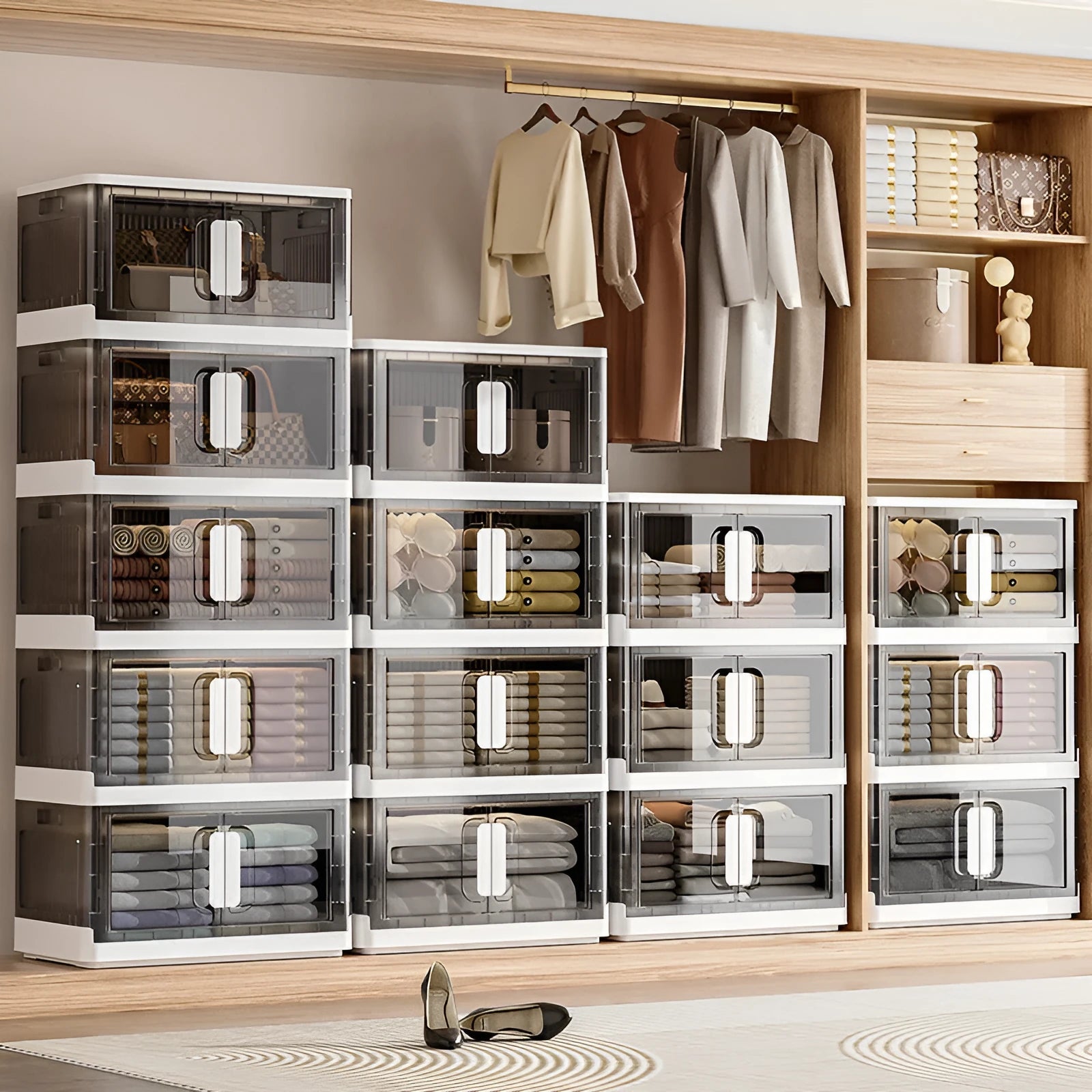 Foldable PP plastic storage locker with wheels available in white or gray with multiple layer options for shoes and toys