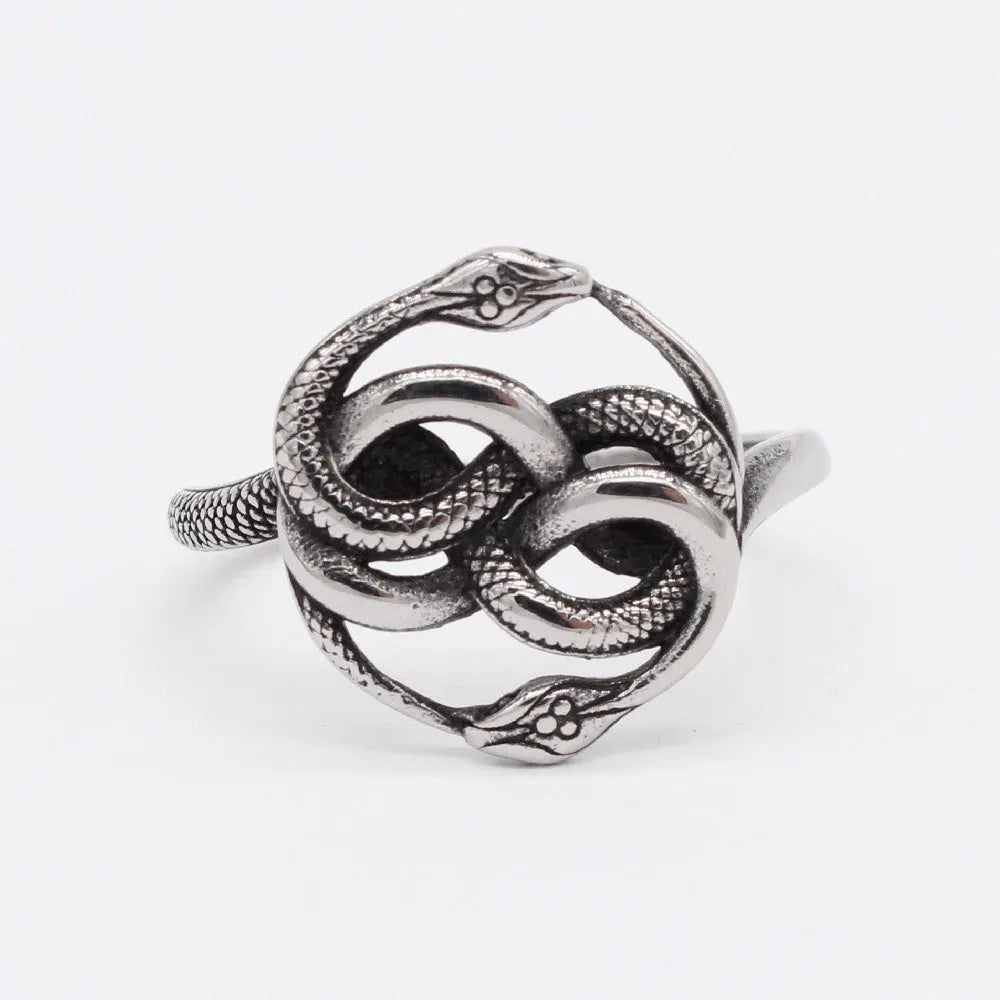 Titanium steel double snake ring in steel colour with retro design showing intertwined snakes
