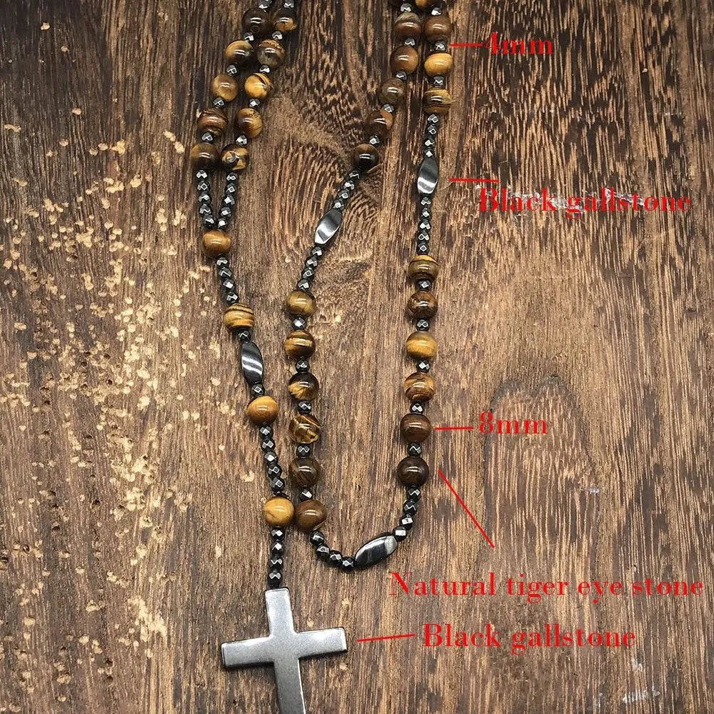 Men's stone cross pendant necklace on a ball bead chain with a safety lock clasp.