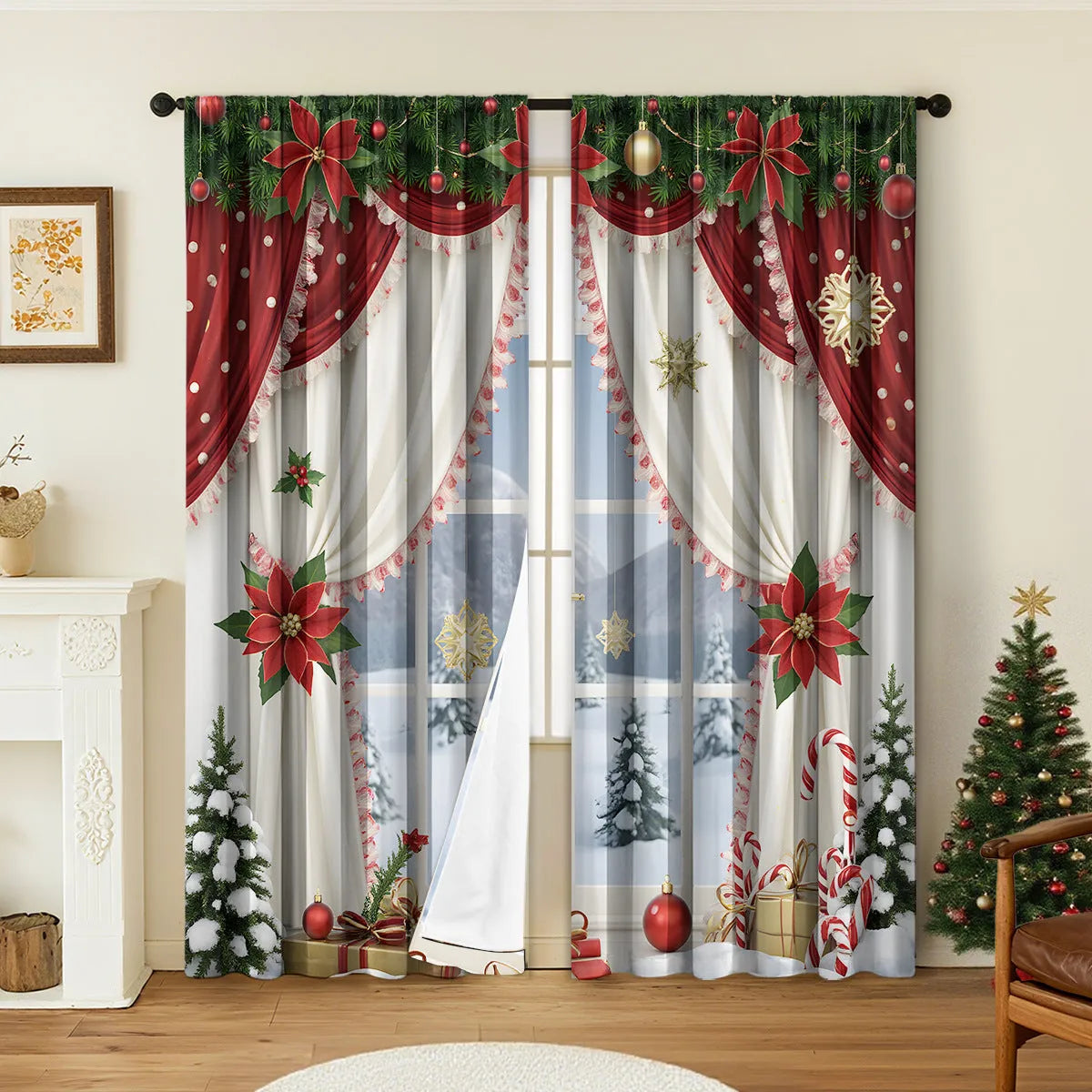 Pair of 3D digitally printed Christmas theme curtains made from polyester fabric, showing detailed pattern.