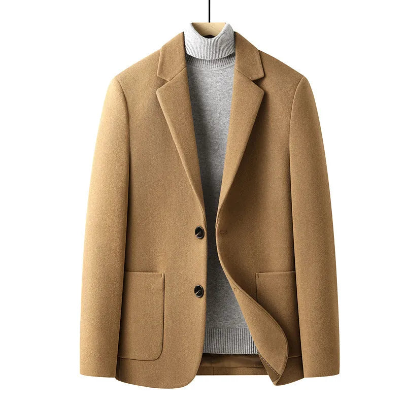 Men's slim fit wool suit jacket in grey, shown on a hanger, suitable for autumn and winter.