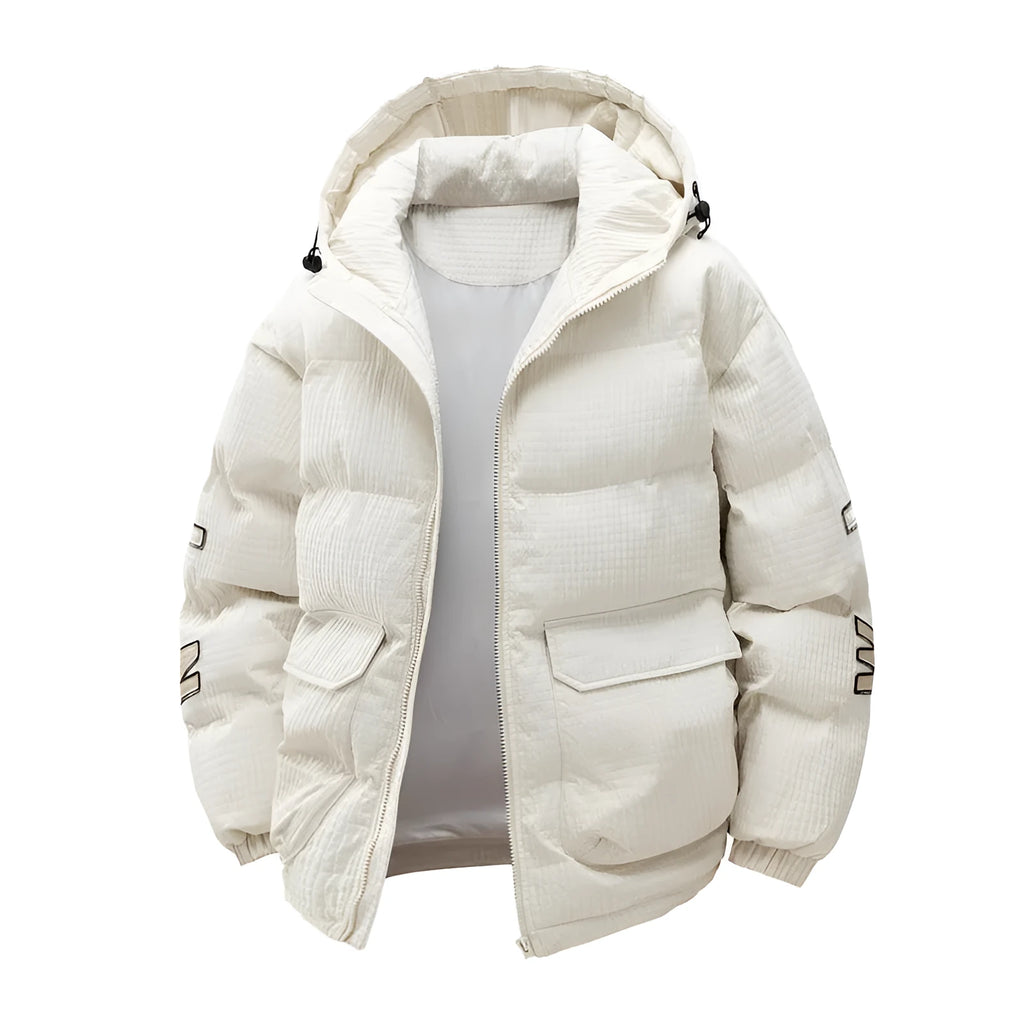 Men's black padded hooded coat with white letter print, side pockets, Korean style cardigan design