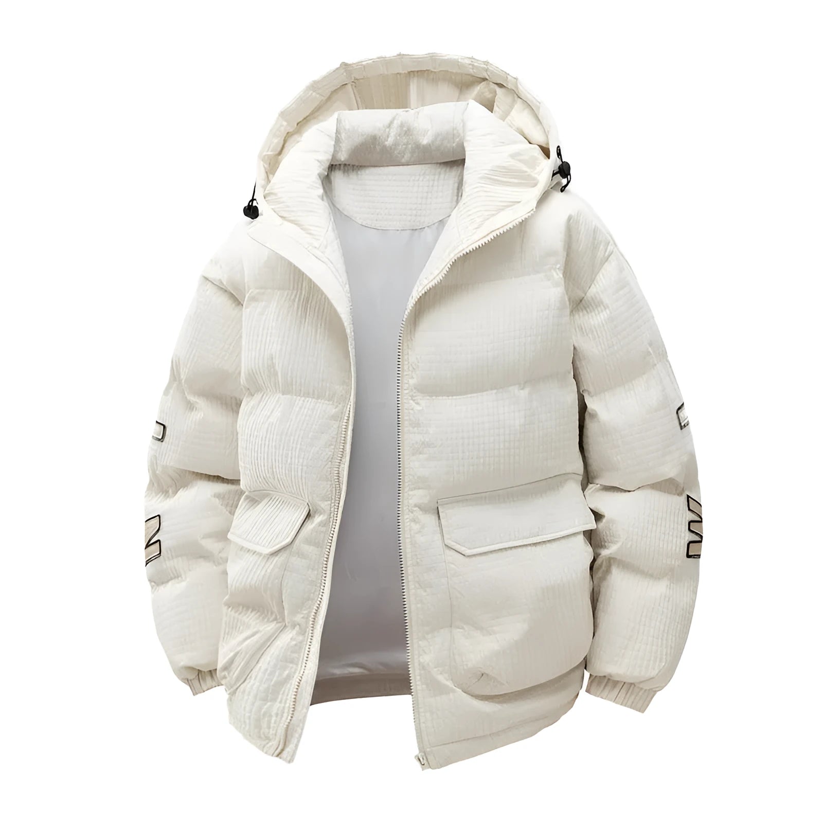 Men's black padded hooded coat with white letter print, side pockets, Korean style cardigan design