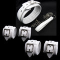 White PU sponge bondage restraint set showing handcuffs, foot cuffs and neck scarf for adjustable adult play