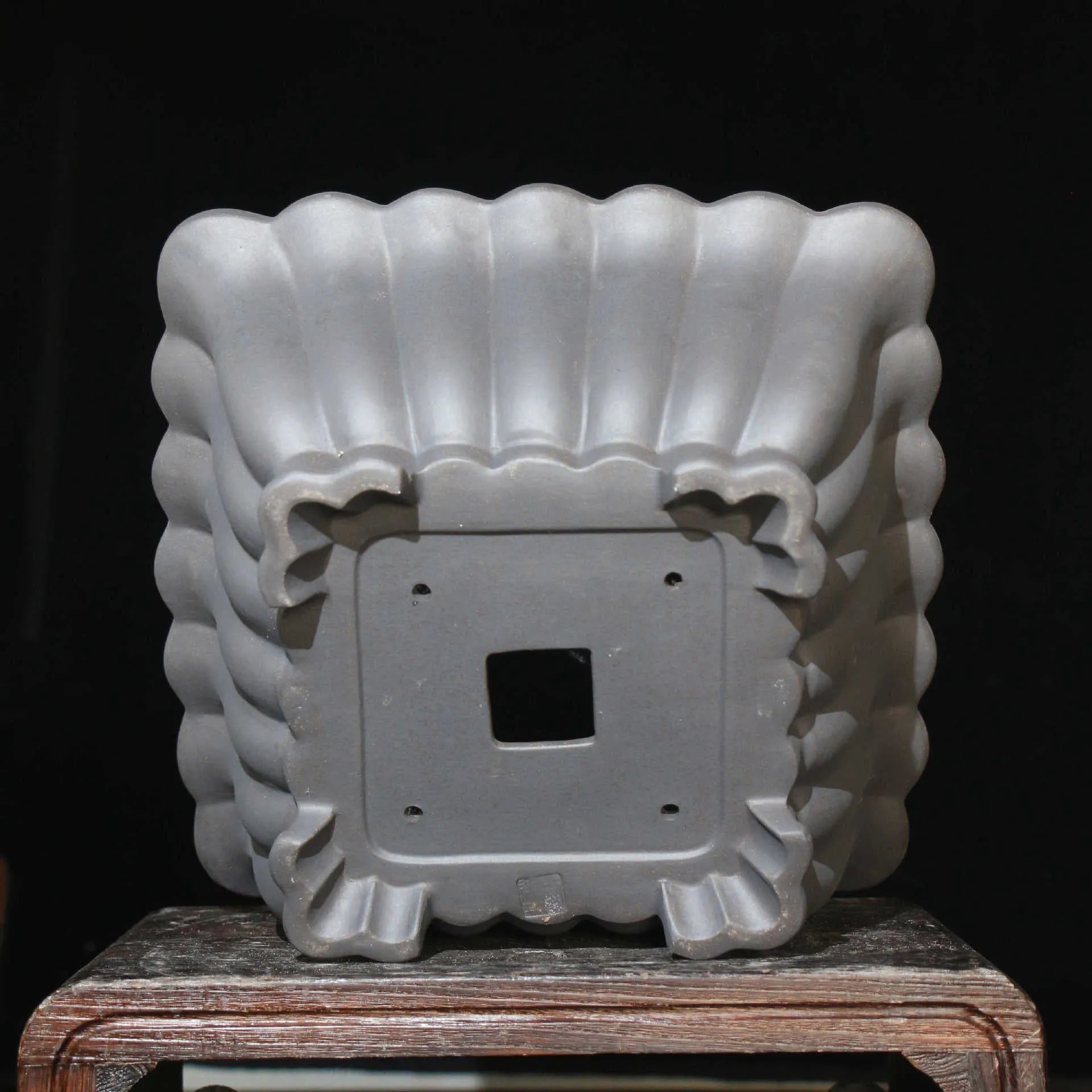 Square purple sand ceramic bonsai pot with classical styling on desktop