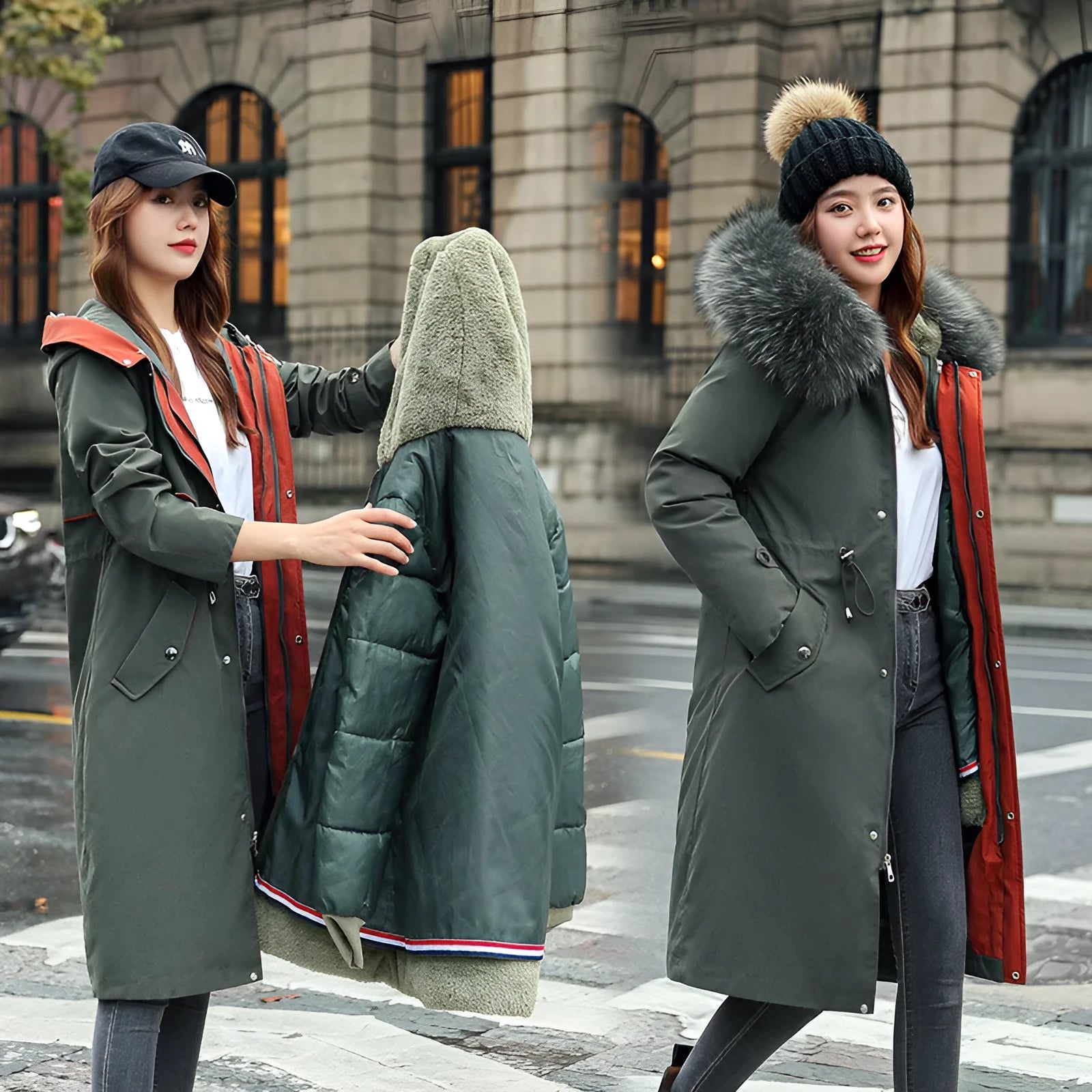 Women's long white cotton-padded fleece trench coat with a 100cm length and long sleeves.