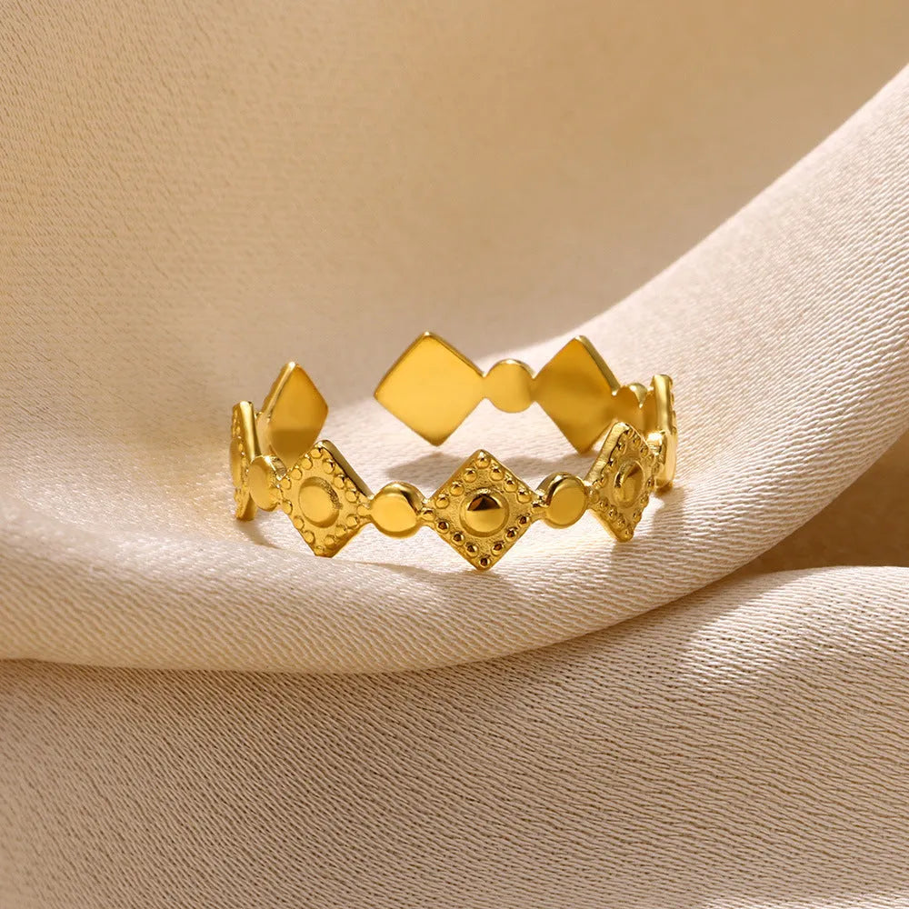 Gold diamond titanium steel geometric women's ring with adjustable free-size fit
