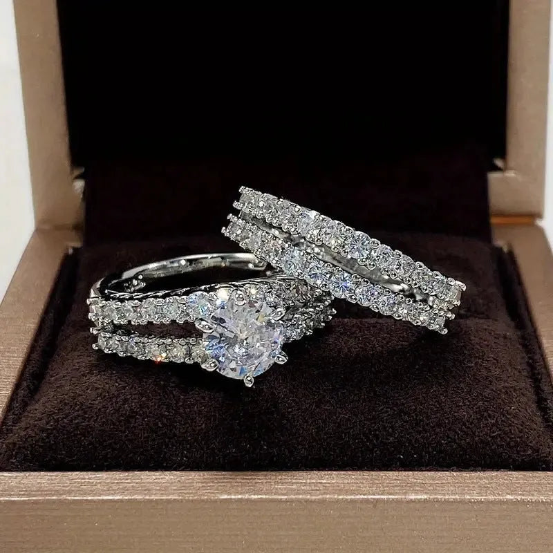 2-in-1 fully-jewelled geometric female ring set in silver, gold, and rose gold colours