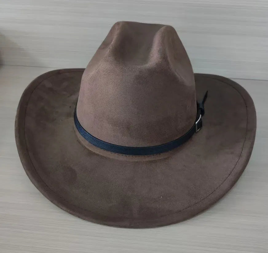Brown leather velvet curved edge Western cowboy hat with a conical crown.