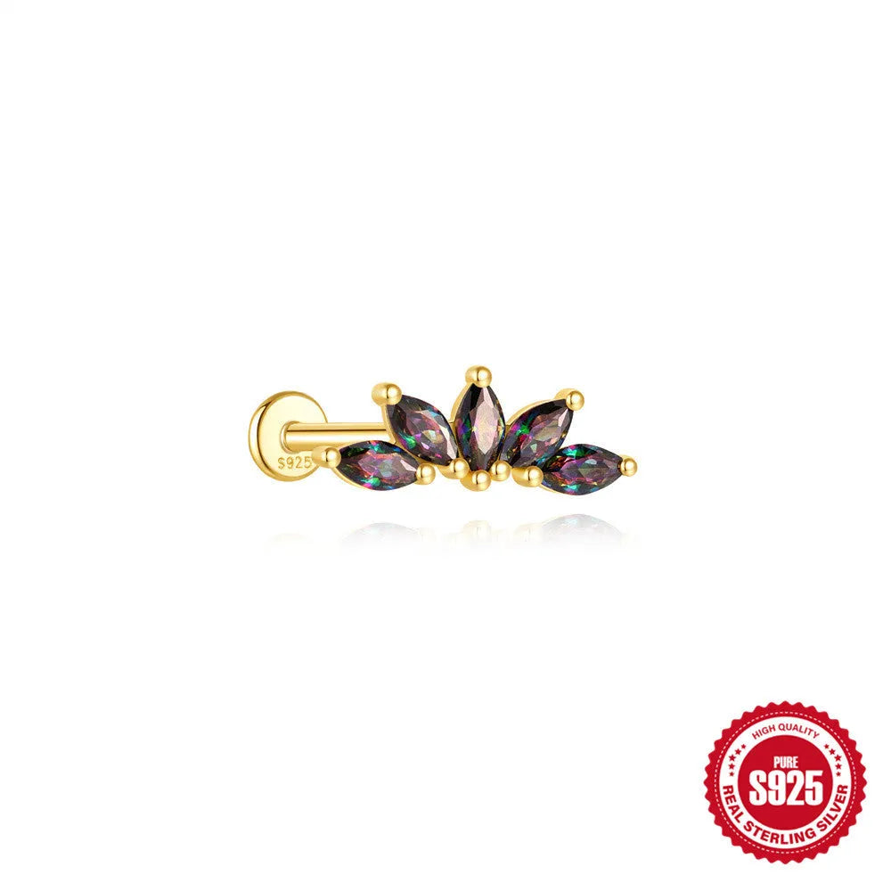S925 sterling silver flat head stud earrings with shiny rainbow stone finish, showing thread piercing post.